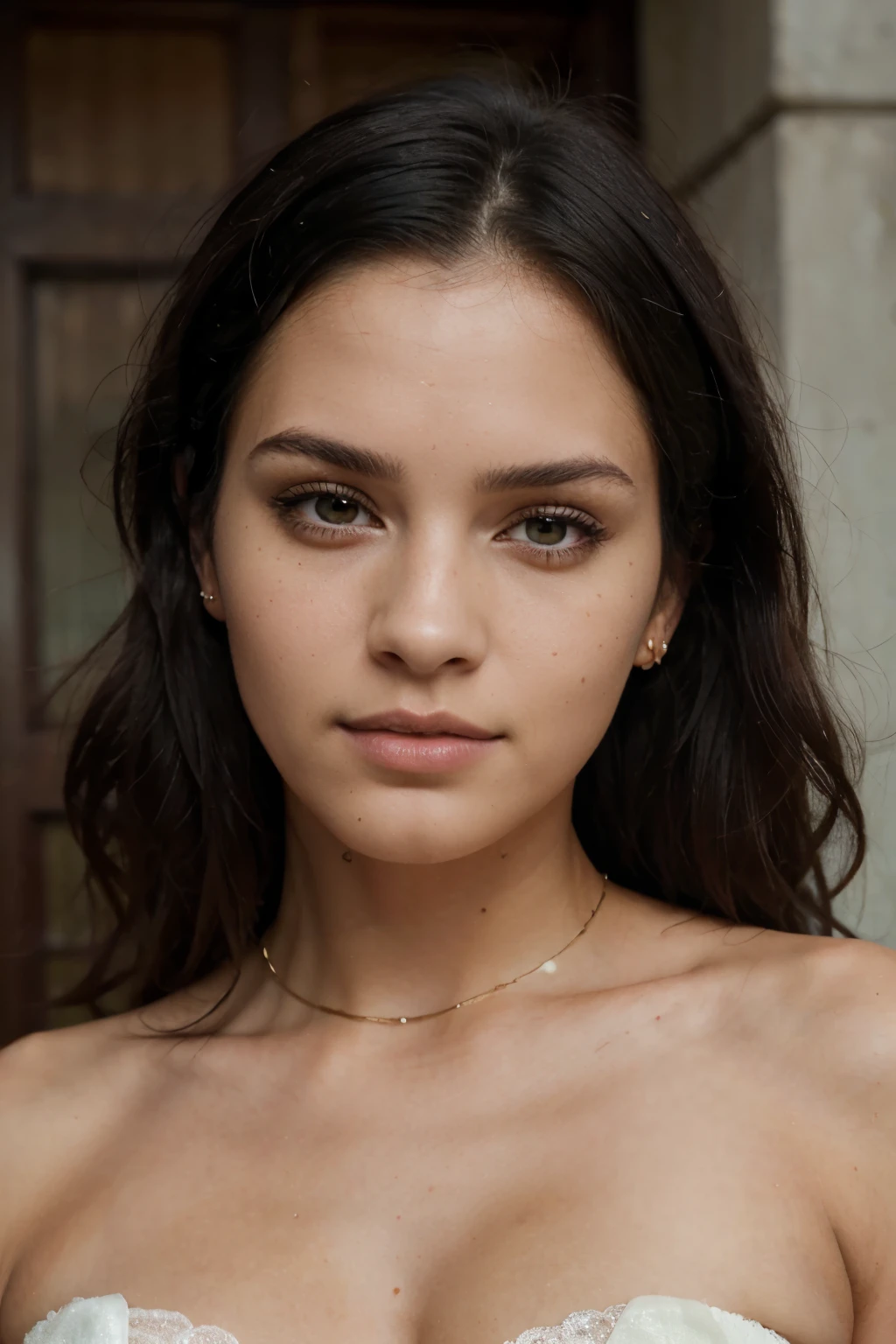 1 woman like girl next door, with black hair, wearing a luxurious clothes and jewelry, 23 years old, Mix out of 10% Emma Watson and 15% Scarlet Johansson and 20% Rihanna, 172cm height, 62kg weight, perfectly shaped natural soft curly intense black hair, clear intense light green eyes, long dark black lashes, perfectly shaped dark black eyebrows, dark-caramel-tanned skin, slim and well-defined body, trained curvy body, elegant nose, small ears, full lips, white teeth, small soft ladylike hands, painted fingernails, perfectly styled, soft makeup, high resolution, masterpiece, best quality, intricate high detail, highly detailed, sharp focus, detailed skin, realistic skin texture, real skin texture, detailed eyes, professional, real life, ultra-realistic, photorealism, photography, realistic photography, UHD, Foto RAW
