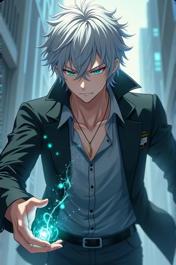 Photo 1 male anime character with silver hair reaching to the eyebrows, green eyes, casual uniform with time skills