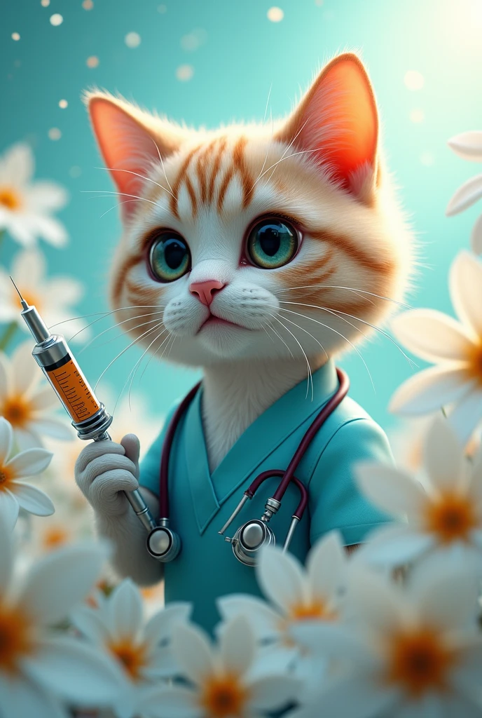 a medical cat, a cat wearing a medical uniform, white flowers, beautiful detailed eyes, beautiful detailed lips, extremely detailed eyes and face, long eyelashes, cat holding a medical syringe, cat with a stethoscope, cat in a medical setting, cat surrounded by white flowers, intricate details, photorealistic, 8k, best quality, masterpiece, cinematic lighting, vibrant colors, smooth shading, 3d render