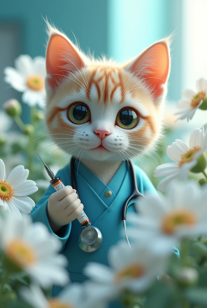 a medical cat, a cat wearing a medical uniform, white flowers, beautiful detailed eyes, beautiful detailed lips, extremely detailed eyes and face, long eyelashes, cat holding a medical syringe, cat with a stethoscope, cat in a medical setting, cat surrounded by white flowers, intricate details, photorealistic, 8k, best quality, masterpiece, cinematic lighting, vibrant colors, smooth shading, 3d render