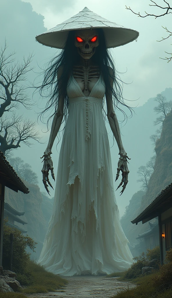 "Depict 'Hachishaku-sama,' the Eight Feet Tall spirit from Japanese folklore, transformed into the ultimate demon while retaining her iconic features. She stands at an imposing height of 240cm, her form twisted and terrifying. Her once elegant white dress is now tattered and stained, clinging to her gaunt, skeletal figure. A large, cracked white hat obscures her face, but from beneath the brim, her eyes glow with an intense, malevolent red light. Her long, black hair has turned into writhing, shadowy tendrils that move with a life of their own. Her once delicate hands have become clawed, gnarled appendages, with fingers that end in sharp, talon-like nails. Her skin, pale and ghostly, is marked with dark veins, pulsing with a sinister energy. The air around her is thick with an oppressive darkness, as if the very light is being swallowed by her presence. The serene Japanese countryside is warped and decayed, with twisted trees and crumbling buildings, as if her mere presence is corrupting the land. She is the embodiment of fear and destruction, a terrifying demon that has taken on the horrifying essence of Hachishaku-sama, bringing nightmares to life."