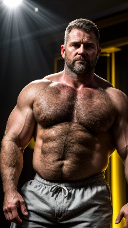 An award-winning original photo, A musclebear man, (40 years old daddy:1.1), 1 man, Solo, (wearing shorts), (big shoulders), musculature, burly but strong physique, hairy, chubby and fluffy, stubbles, Short beard, (Detailed body), realistic eyes, deadpan, looking at viewer, deadpan, lighting, (Best quality, A high resolution, Photorealistic), Cinematic lighting, Masterpiece, RAW photo, Intricate details, hdr, depth of field, upper body shot, (realistic:1.4), (from the front), (from below)