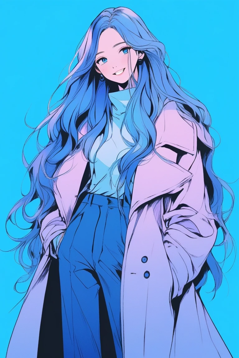 Illustrator, anime , Realistic ,sketch , 1 person, ,lip, Long coat, smile, ((whole body)), order, Blue gradient background, Neon Long Hair,Texture Trim, Canadian, (masterpiece,Highest quality) cancer