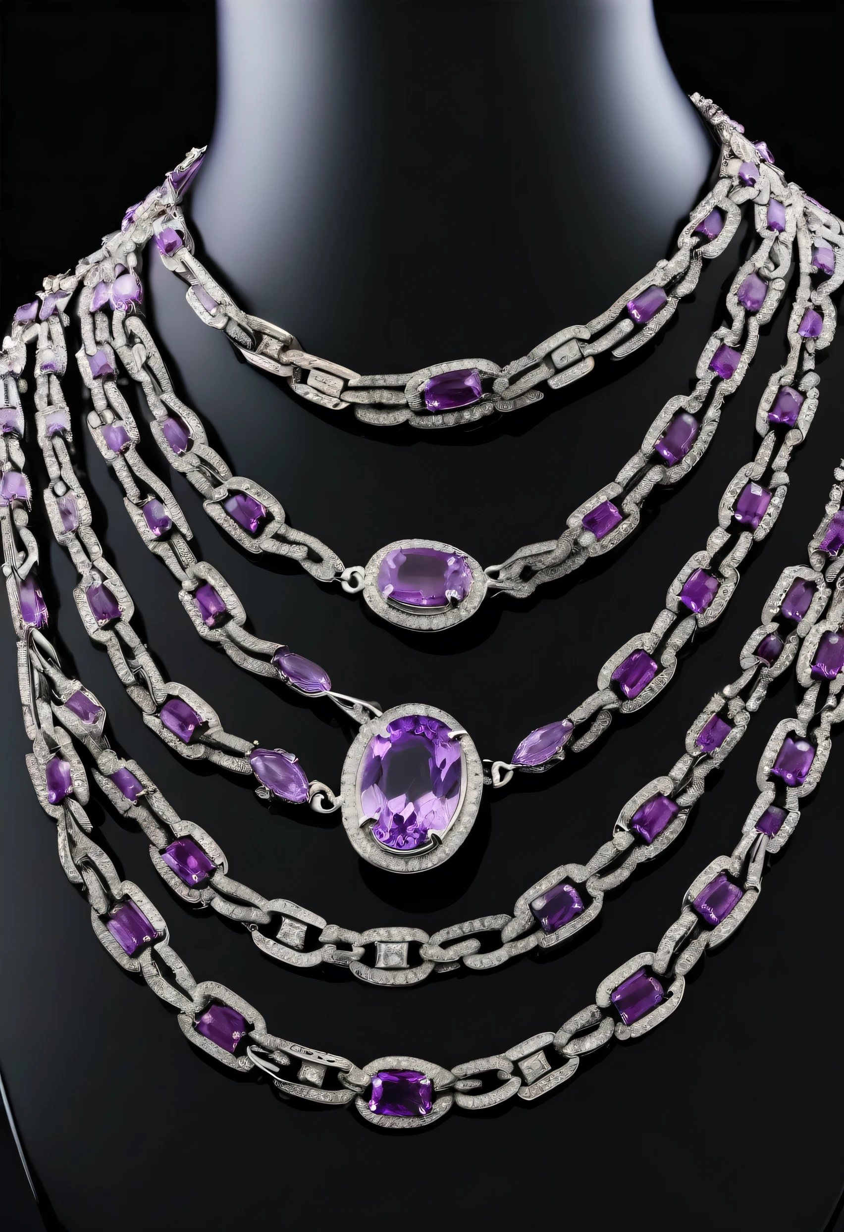 silver amethyst wide chain on black background, on mannequin neck, antique jewelry art, fashion art, black background, detailed jewelry, gemstone, high quality, photorealistic, 8k, super detailed, studio lighting, intricate design, elegant, luxurious, lush, sophisticated, exquisite, masterpiece, museum quality