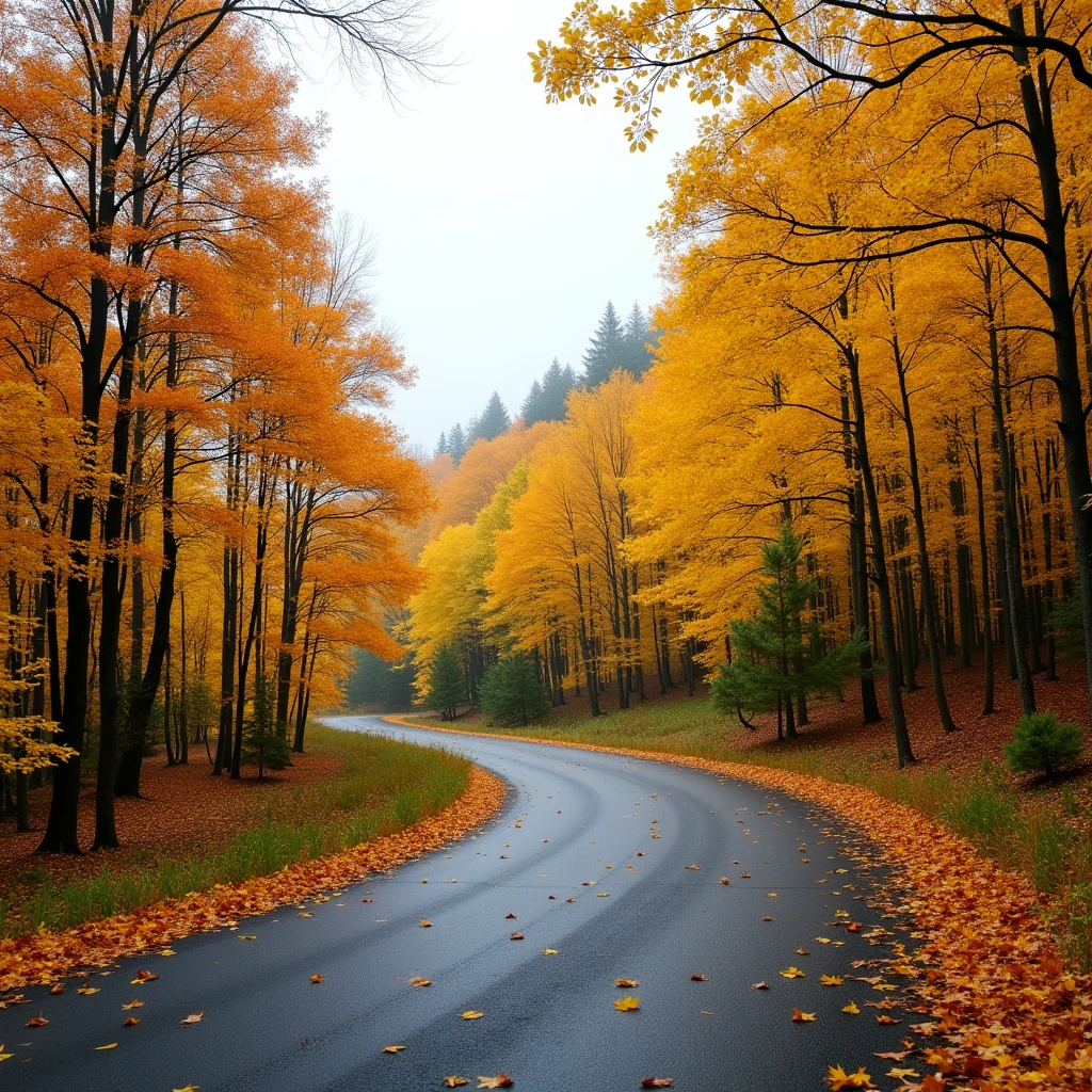 eye-level on an overcast day, a winding road meanders through a forest of vibrant yellow and orange trees. the road, a dark gray asphalt, curves through the foreground, its surface strewn with fallen leaves. the road's edge is punctuated by a row of trees, their leaves a riot of yellow and orange hues. the trees' trunks are dark and slender, their branches adorned with a few green leaves. the sky, a canvas of white, is devoid of any clouds, enhancing the overall clarity of the shot.