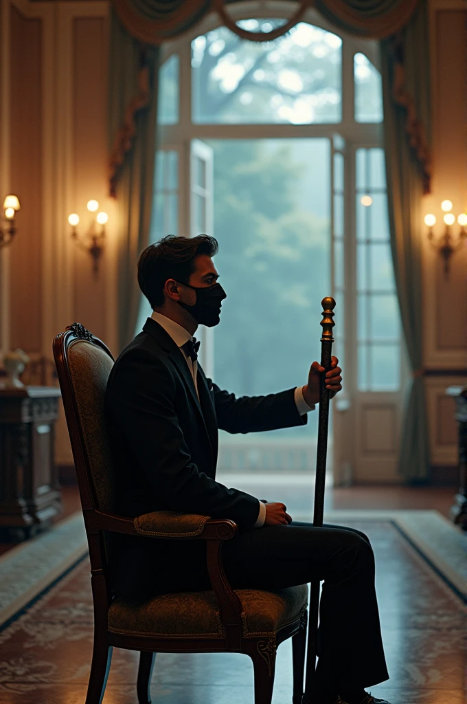 Sitting on a chair, holding a large standing stick, and wearing a mask, a handsome boy of about 22 years old, looking across a beautiful room.