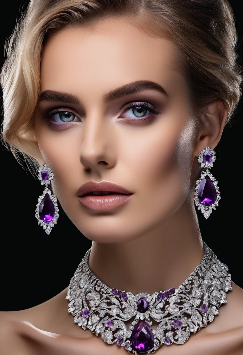 silver amethyst wide chain on black background, on mannequin neck, antique jewelry art, fashion art, black background, detailed jewelry, gemstone, high quality, photorealistic, 8k, super detailed, studio lighting, intricate design, elegant, luxurious, lush, sophisticated, exquisite, masterpiece, museum quality
