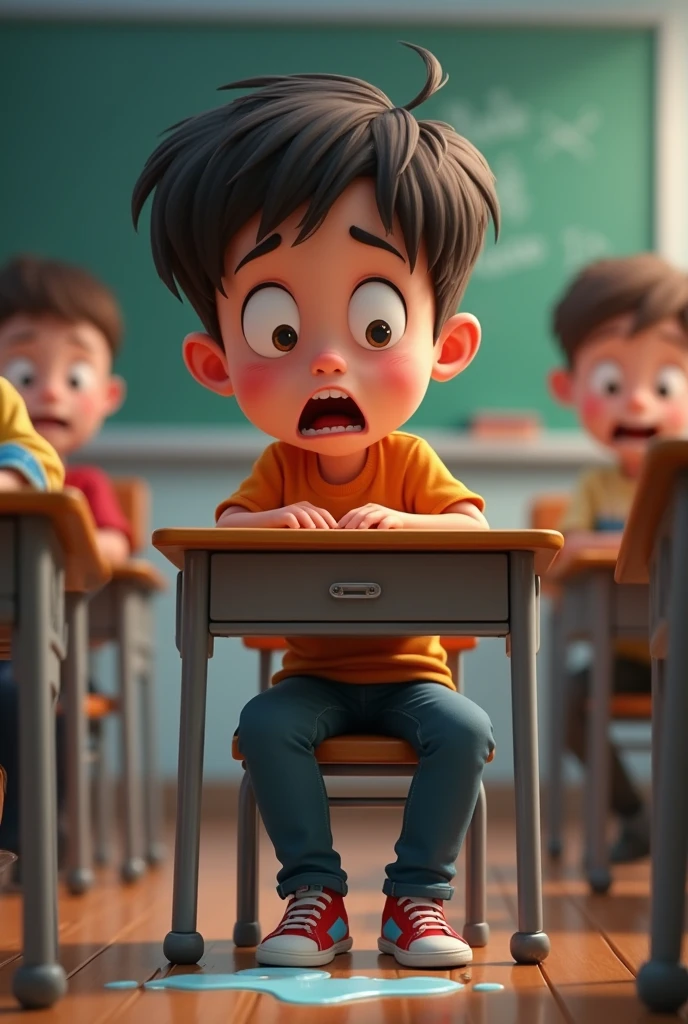 A 8-year-old boy is sitting at his desk when he suddenly notices that his pants are wet. He's shocked