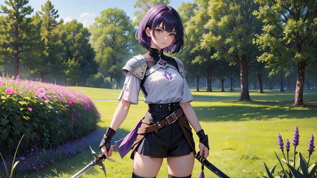 A woman wears the upper half of her knight's armor, Lovely face, holding a sword, The other hand holds a necklac, black hair, Standing alone in the grass, The bottom is wearing a short-sleeved shirt, beautiful, 8k, design, purple hair, Don't wear a skirt. Wear shorts, 