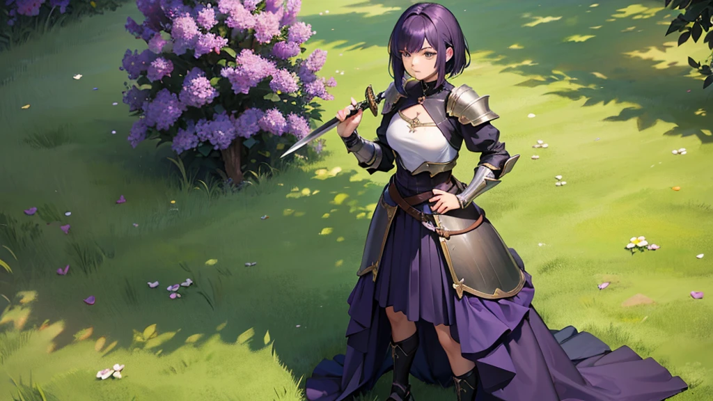A woman wears the upper half of her knight's armor, Lovely face, holding a sword, The other hand holds a necklac, black hair, Standing alone in the grass, The bottom is wearing a short-sleeved shirt, beautiful, 8k, design, purple hair, Don't wear a skirt. Wear shorts, 