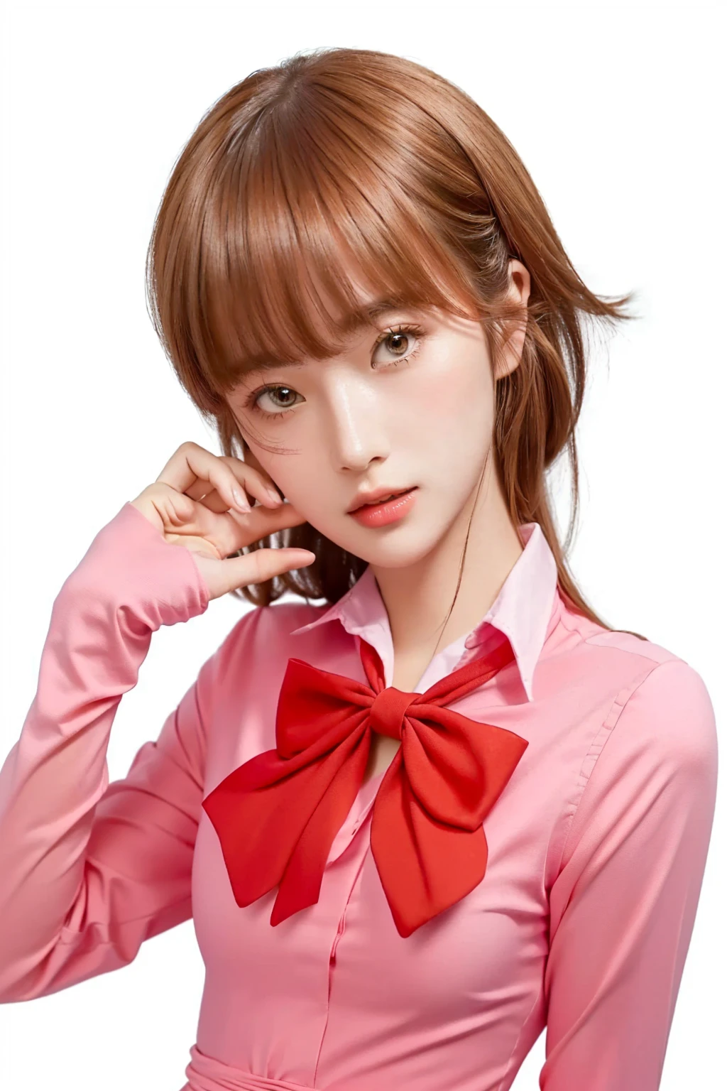 a close up of a person wearing a pink shirt and a red bow, female protagonist, realistic portrait, detailed expression, detailed dress or clothes