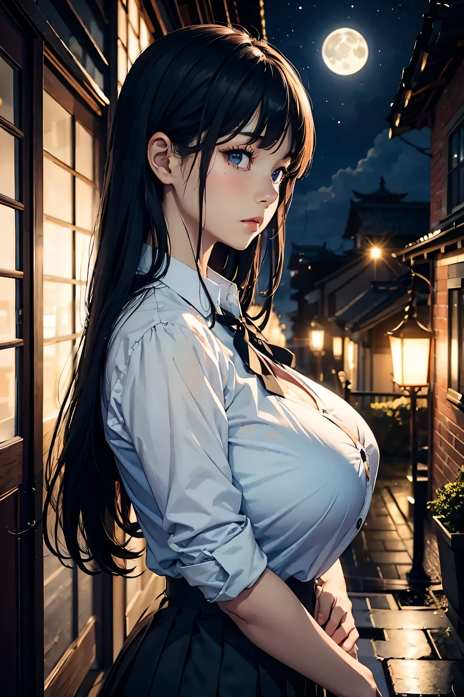 (masterpiece:1.2, Highest quality), (Realistic photos), Beautiful illustrations, (Natural side lighting, Cinema lighting),(1 person), Japanese, 20-year-old female, Perfect Face, Symmetrical cute face, Glowing Skin,(Black straight long hair)、Dark blue eyes, (Huge breasts:1.2), Slender build、Beautiful Hair, Beautiful Face, Fine and beautiful eyes, Beautiful body, Beautiful breasts,(White collared shirt、Black Ribbon、Navy blue pleated skirt)、Sad expression、profile、Blushing、stand、Rooftop、Night view、moon、whole body