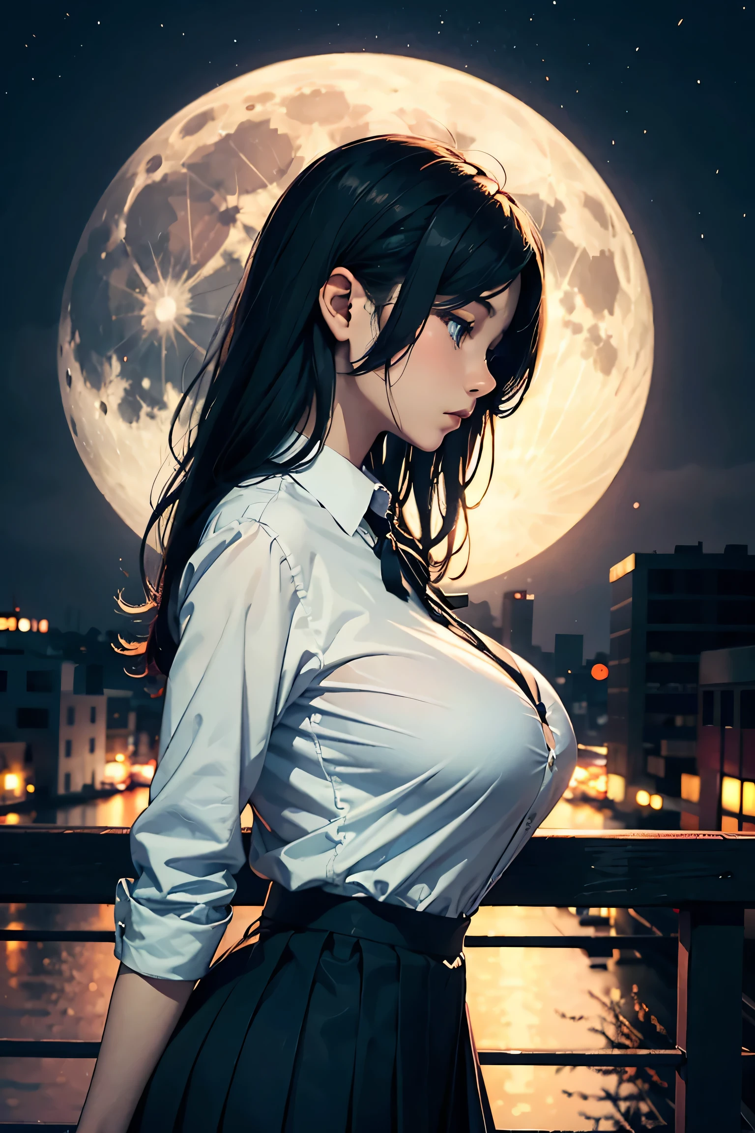 (masterpiece:1.2, Highest quality), (Realistic photos), Beautiful illustrations, (Natural side lighting, Cinema lighting),(1 person), Japanese, 20-year-old female, Perfect Face, Symmetrical cute face, Glowing Skin,(Black straight long hair)、Dark blue eyes, (Huge breasts:1.2), Slender build、Beautiful Hair, Beautiful Face, Fine and beautiful eyes, Beautiful body, Beautiful breasts,(White collared shirt、Black Ribbon、Navy blue pleated skirt)、Sad expression、profile、Blushing、stand、Rooftop、Night view、moon、whole body