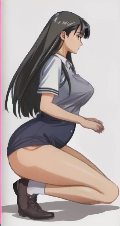 Mizushima Asa, a woman with big breasts and beautiful legs, faces a middle-aged man。Side angle。