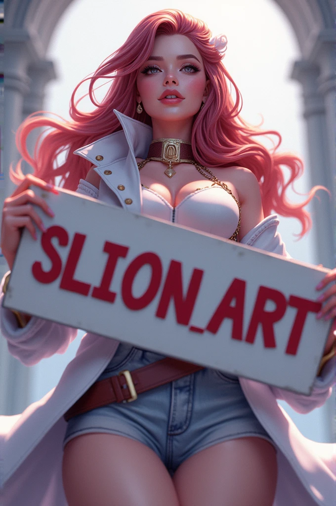 Highest image quality, outstanding details, ultra-high resolution, (realism: 1.4), layla mobile legends, she  is holding a sign that says "SLION_ART"