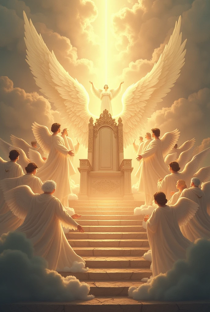 {
"size": "1024x1024",
"prompt": "A divine scene featuring the throne of God, majestic and radiant, surrounded by a multitude of angels. The throne is grand and awe-inspiring, with intricate details and a soft, ethereal glow. Angels are hovering around the throne, their wings outstretched and their forms illuminated by a heavenly light. Among them, one angel stands out with a more intense and brighter glow, drawing attention with its distinct, radiant aura, symbolizing a special presence or significance. The background is a celestial sky filled with soft clouds and a heavenly atmosphere."
}