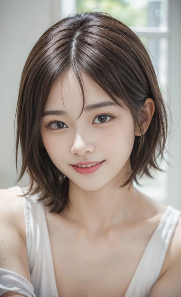 Look here and laugh、masterpiece, One Girl, alone, Glowing Eyes, Colorful summer clothes,  , masterpiece, Highest quality, Realisticな, Ultra-detailed, blue sky, ,  (Very delicate and beautiful work), ((Masseter muscle area)), (Highest quality),  One Woman, 18-year-old,   (Sexually excited face:1.4), ( Shoulder cut hair,(Fair skin:1.2), Bright lighting, Natural light, Realistic lighting, Nice lips、Delicate face、(Realisticな、photograph_Realistic:1.4)、((Highest quality、masterpiece:1.3))、20-year-old、((Brown Hair))、((Pause))、((functional))、、A smile full of happiness、男性を魅了するPause、A seductive smile、short hair、