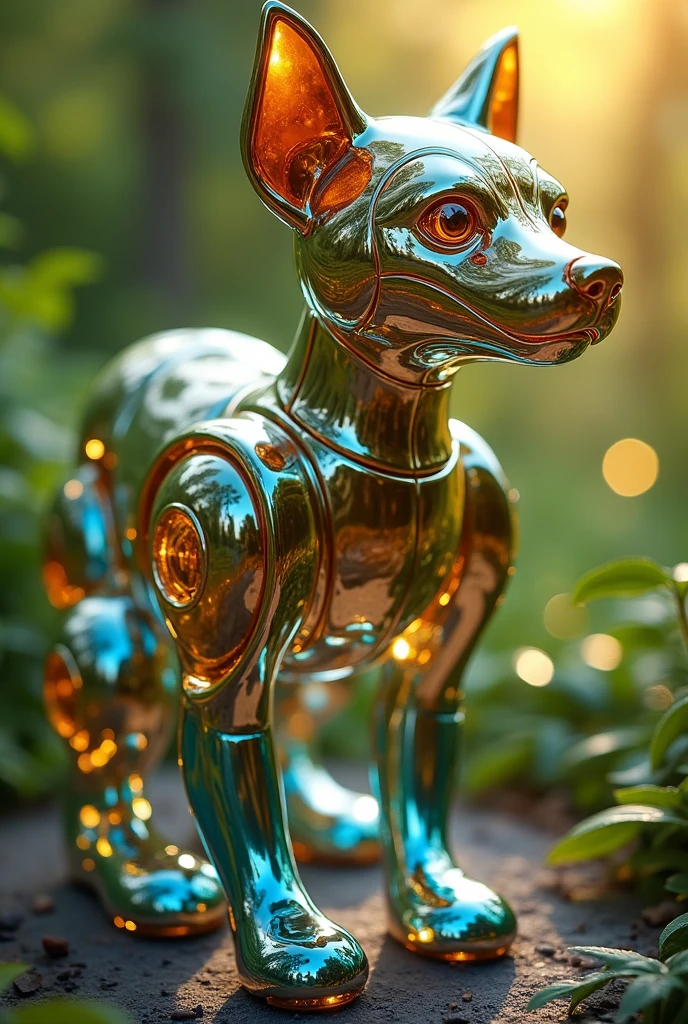 The Thai robot Thai Dog glass beautiful art golden and blue color full body reflecting sunlight living among the green debris 3D cinematic quality Super realistic HD ultra movie 16k clarity