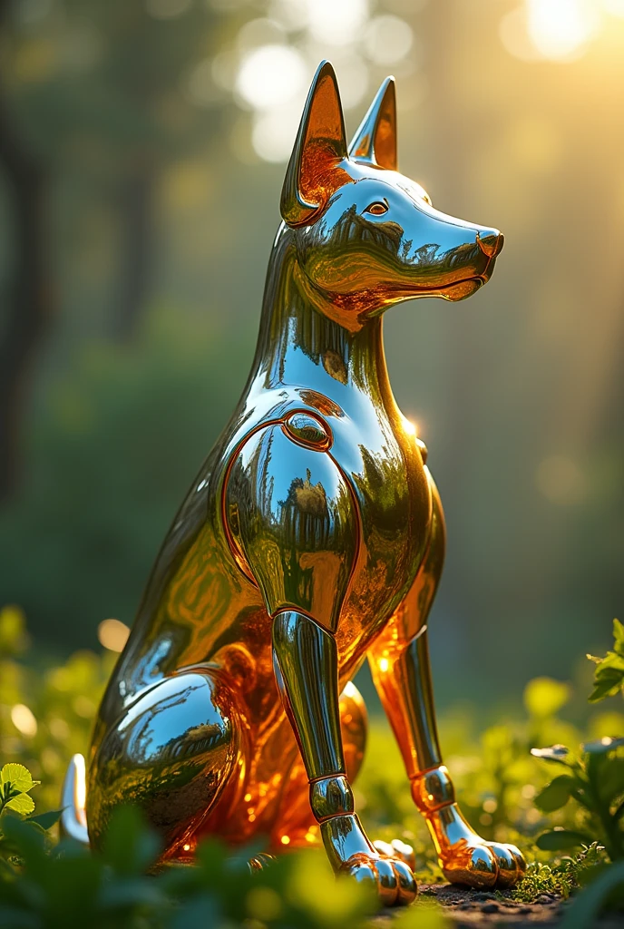 The Thai robot Thai Dog glass beautiful art golden and blue color full body reflecting sunlight living among the green debris 3D cinematic quality Super realistic HD ultra movie 16k clarity