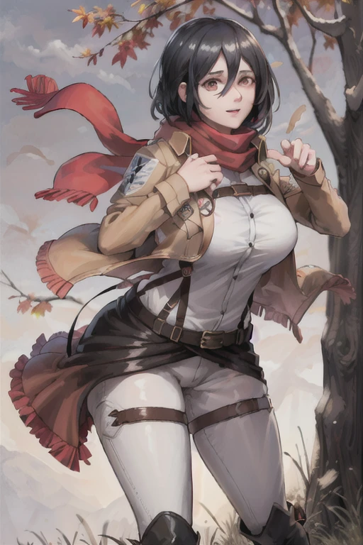 (masterpiece, best quality, glowing light, glistening, shiny skin, ultra detailed, detailed background, complex background),(perfect face, detailed face, detailed eyes,perfect hands,perfect fingers), (large boobs:1.2,smile),(mature female:1.4),cowboy shot,thicc,
mikasa_ackerman,((gradient hair)),multicolored eyes, gradient eyes, (glowing eyes:1.5), mascara, (fashion make up), parted lips, scarf, jacket, thigh strap, paradis military uniform, belt, emblem, three-dimensional maneuver gear, red scarf, boots, dual wielding, training corps (emblem)
((park, fountain, leaves in the air, wall, autumn, trees)),((super detailed background)), dynamic poses, ((8k wallpaper)),  