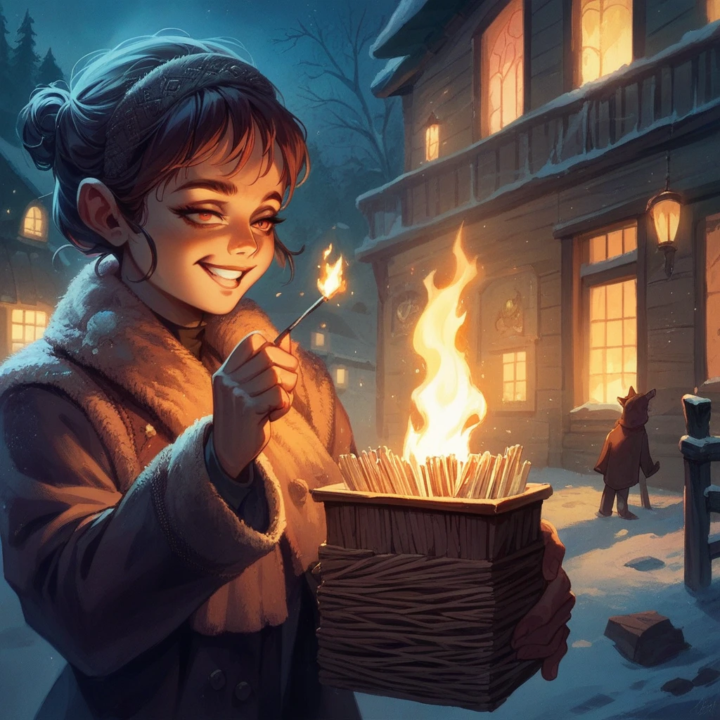 A masterpiece, delicate animation illustration, funny and crazy. Cinematic proof, 19th century, winter European night, burning house, Little Match Girl watching it. She lights a match and smiles with satisfaction. She is putting on her coat.