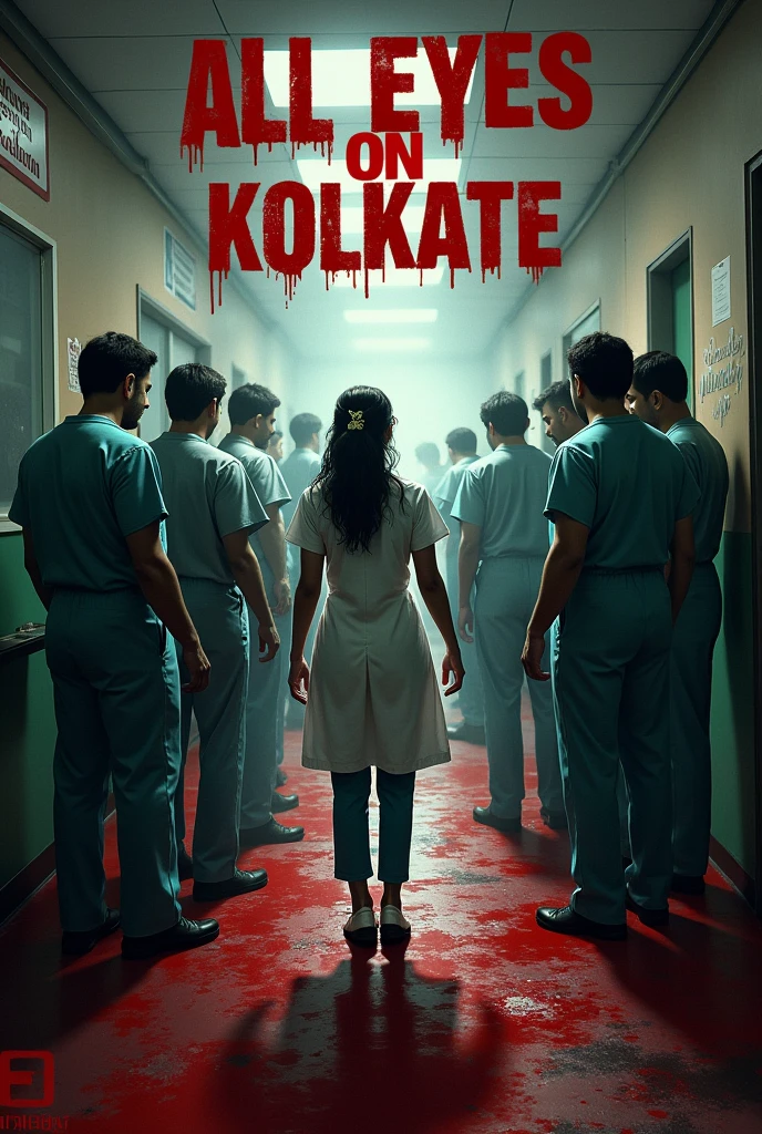 In a hospital (Hospital name R G Medical College) where few mens (they are cruel ) are harassing a female doctor . Blood everywhere.
Main word must be on picture is 'All Eyes On Kolkata'