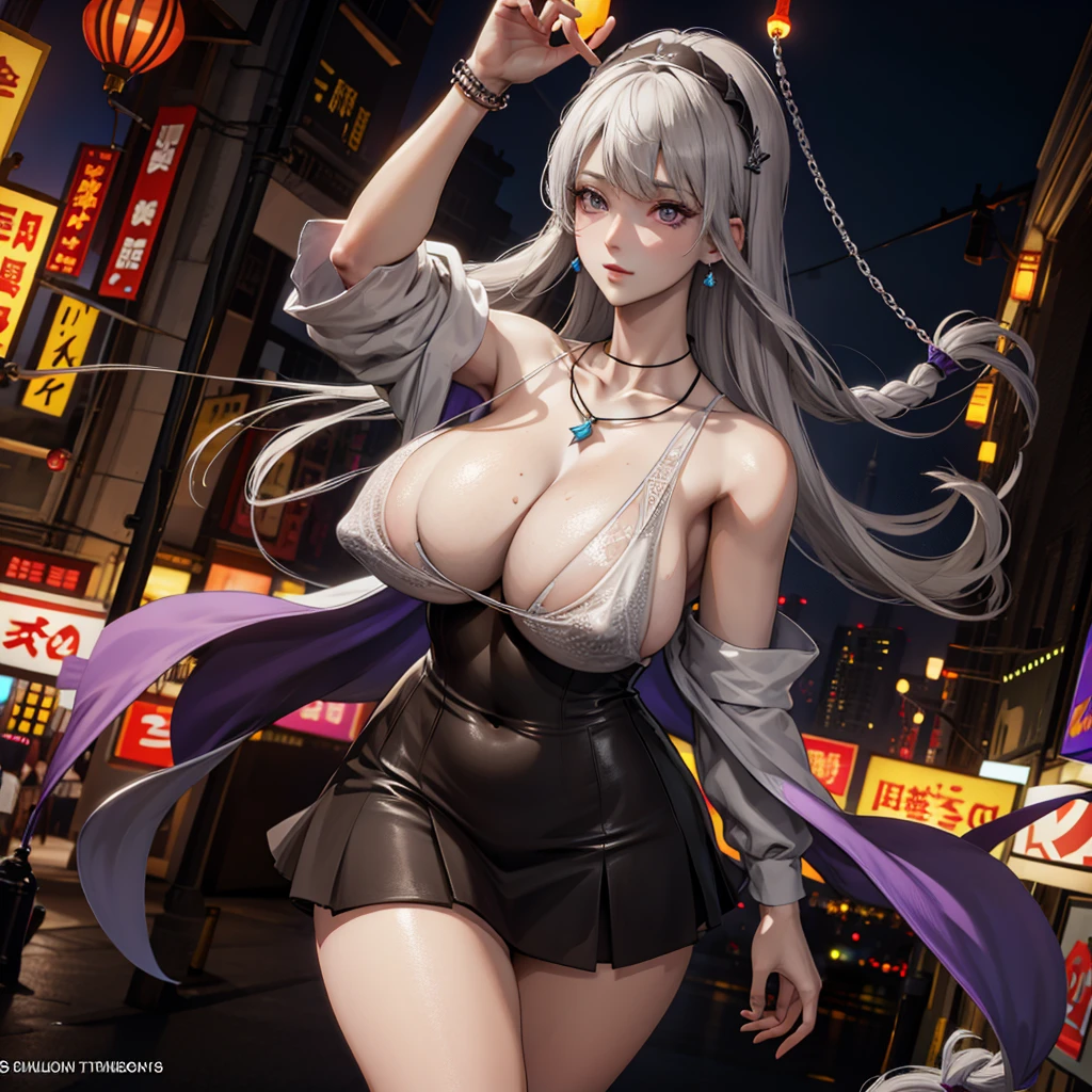 masterpiece, best quality, Ultra-high resolution,Photon Mapping,Best shadow,portrait,Beautiful details,Ultra-high detail,Purple long hair,Single Braid,Bangs,Medium breasts,City,Chinatown,city center,see through, Short skirt, Low-cut:2, Hair accessories, earrings, necklace, portrait, Silver dress:2, Looking at the audience,Solitary,Professional lighting, Delicate skin,