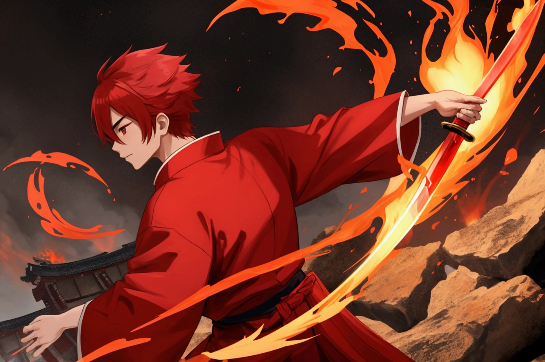 Japanese anime swordsman wearing a red outfit, a red robe, standing in front of a Japanese village, holding a red sword on fire, using the ultimate move, the Fire Dragon move.