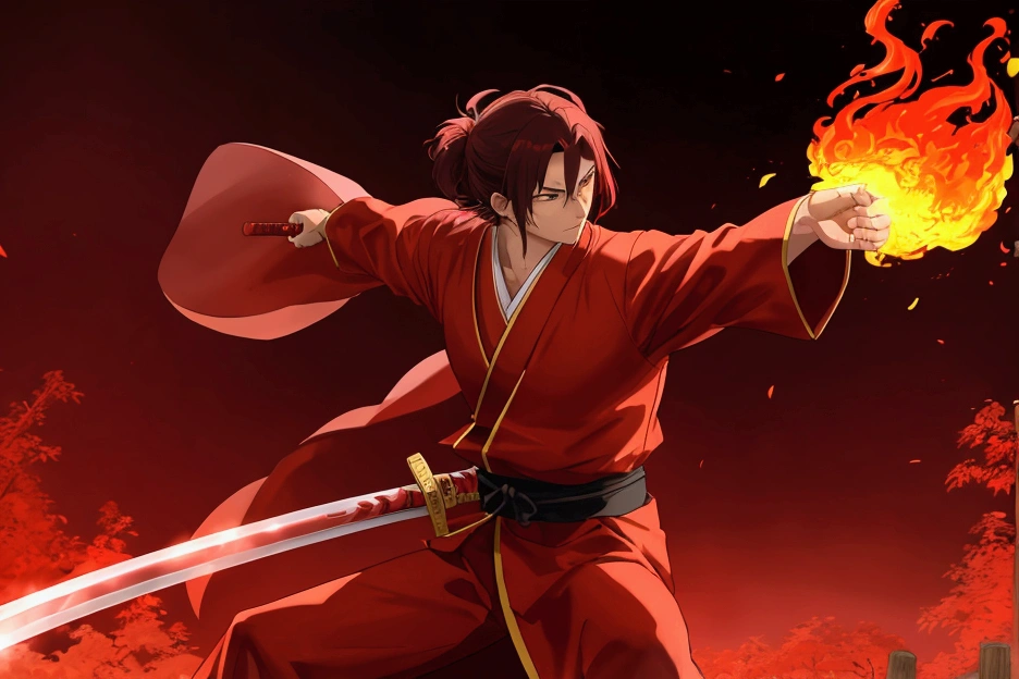 Japanese anime swordsman wearing a red outfit, a red robe, standing in front of a Japanese village, holding a red sword on fire, using the ultimate move, the Fire Dragon move.