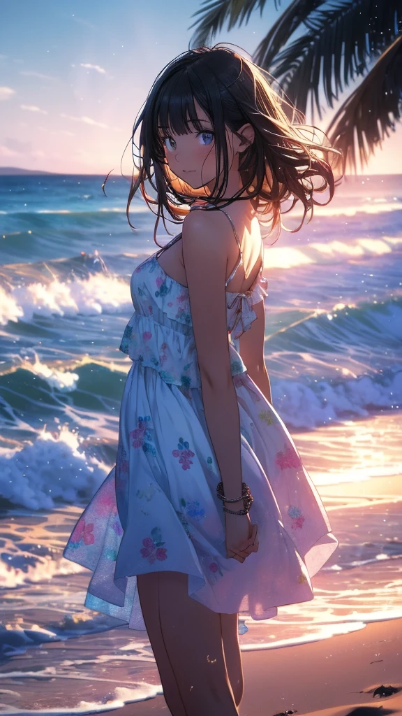 1girl, strolls along the beach, color light painting, dreamy style, rainbow core, colorful ink, vibrant colors, glowing shadows, rainbow background, rainbow glowing waves, backlighting, long exposure, low angle, soft light, light steps, pensive expression., in clothes, (Depth of field, cinematic angle, cinematic lighting:1.2), (masterpiece:1.2), (best quality:1.2), (very aesthetic:1.2), (absurdres:1.2), newest, intricate