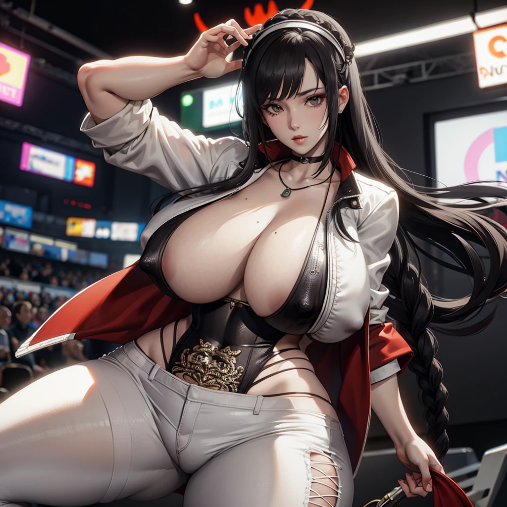 1 Girl, Portrait of beautiful lobapex, sports, White jacket, Corset, skirt, Pants, Black Hair, Red hair, braid, cosmetic, Necklace, cleveage, Wide hips, Volumetric Lighting, best quality, masterpiece, Intricate details, Tone Mapping, Clear focus, Ultra Detailed, Popular on artstation, Practical