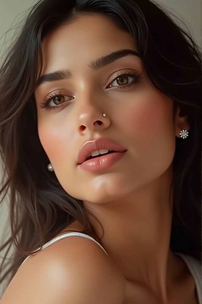 Sunny leone with a tiny nose stud in her left nostril. A very tiny diamond nose stud