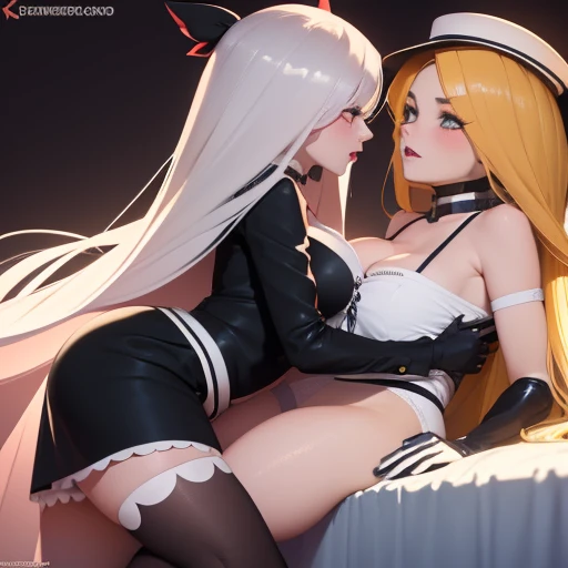 2 girls, 20 years old, gallant girl, (dark skin:1.3),
(small breasts:1.3), slender, (thin legs:1.2),
(blonde and black long hair, forehead:1.3),
red eyes, (glasses),
(maid, white bra, white panties, garter belt, white tights:1.3),
(pointy ears:1.4),
standing, (very long stairs, inside the mansion:1.3),
(from below),