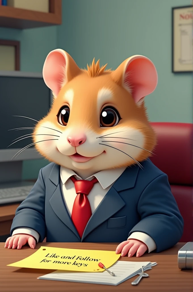 an hamster  that looks like a bird  sitting in an office  putting on a suit like the boss. 
On the picture  there  should  be a note saying, " like and Follow  for more keys"