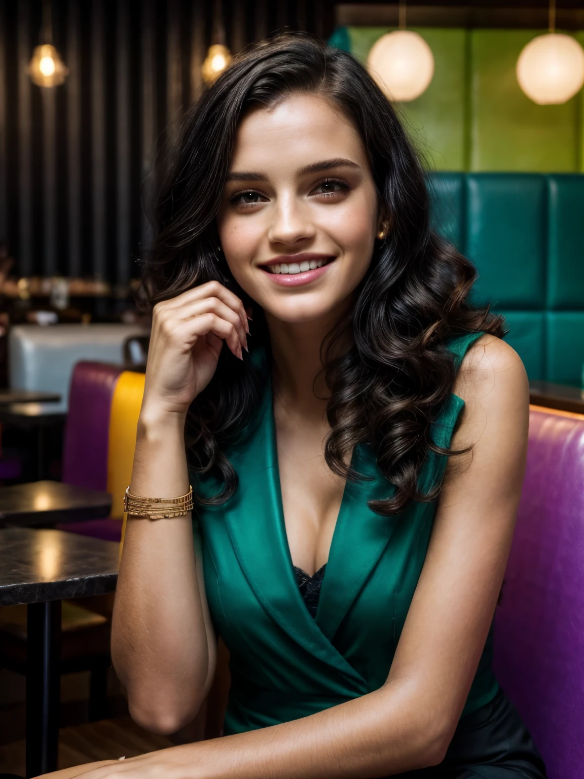 (colorful), high resolution, masterpiece, best quality, intricate high detail, highly detailed, sharp focus, detailed skin, realistic skin texture, real skin texture, realistic texture, professional, real life, ultra-realistic, photorealism, photography, realistic photography, UHD, photo RAW, one girl with black hair, Mix out of 10% Emma Watson and 15% Scarlet Johansson and 20% Rihanna, 172cm height, 68kg weight, ((soft curly intense long black hair)), intense green eyes, long dark black lashes, perfectly shaped dark black eyebrows, dark caramel tanned skin, slim and well-defined body, curvy body, elegant thin nose, small ears, full lips, white teeth, small soft ladylike hands, painted fingernails, (wearing a business outfit: 1.5), (((sitting in a colorful modern restaurant, laughing, relaxed mood))), portrait