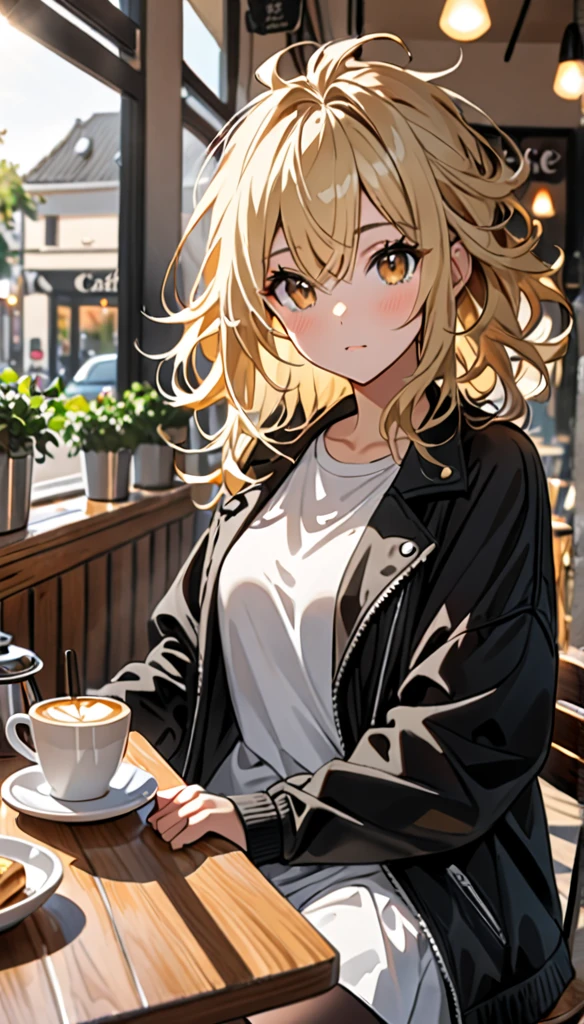 Beautiful and blond, messy styled hair, wearing a black jacket, white shirt, morning, cafe, looking at the viewer,