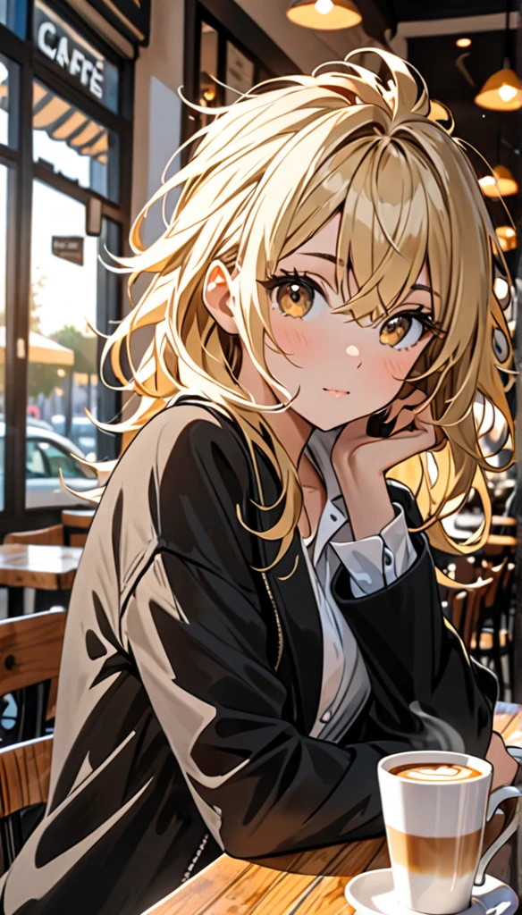 Beautiful and blond, messy styled hair, wearing a black jacket, white shirt, morning, cafe, looking at the viewer,