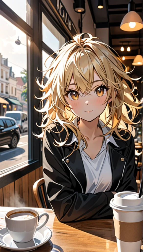 Beautiful and blond, messy styled hair, wearing a black jacket, white shirt, morning, cafe, looking at the viewer,