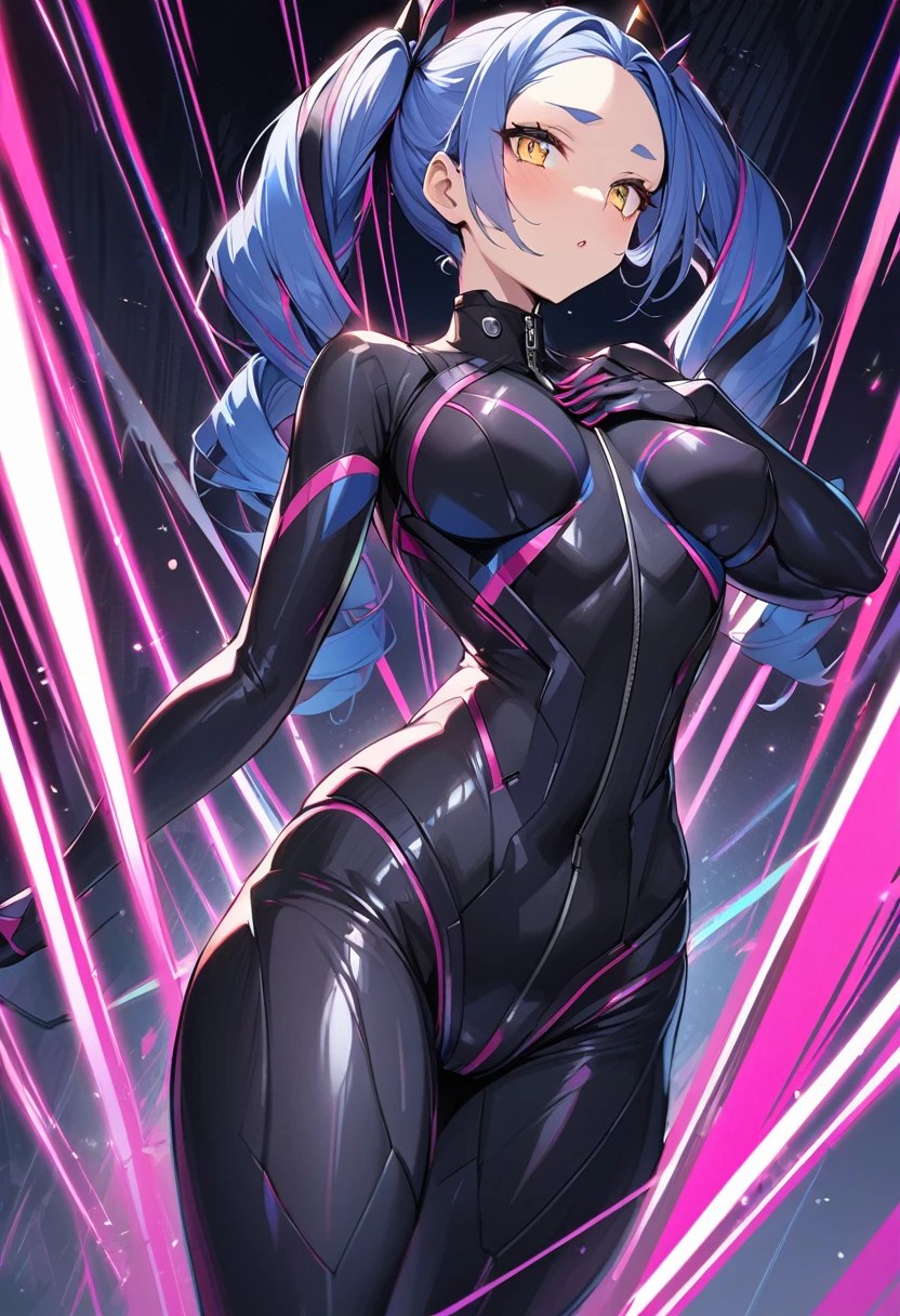 Beautiful woman, Very sexy body, Detailed medium bust, (Very tall woman,Navy Blue Hair,Her hairstyle is in twin tails that expose her forehead..,Yellow Eyes,Dynamic Angle)Black bodysuit with pink lines, Open the zipper on your chest to reveal some skin