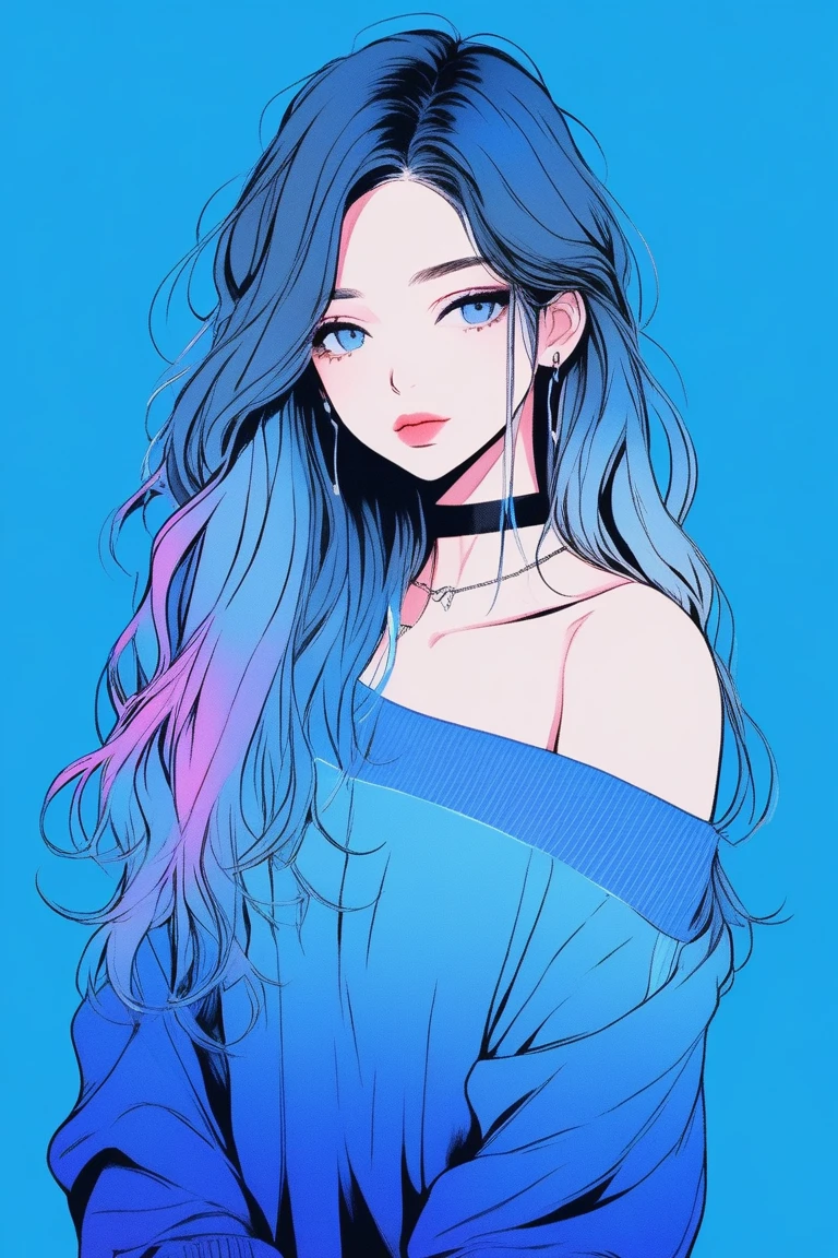 Illustrator, anime , Realistic ,sketch , 1 person, ,lip, Off-the-shoulder sweater, (((whole body))), order, Blue gradient background, Neon medium long hair,Texture Trim, Canadian, (masterpiece,Highest quality) cancer