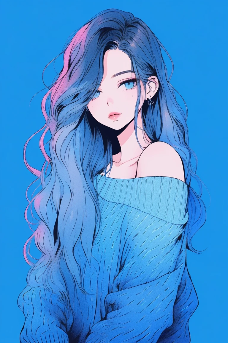Illustrator, anime , Realistic ,sketch , 1 person, ,lip, Off-the-shoulder sweater, (((whole body))), order, Blue gradient background, Neon medium long hair,Texture Trim, Canadian, (masterpiece,Highest quality) cancer