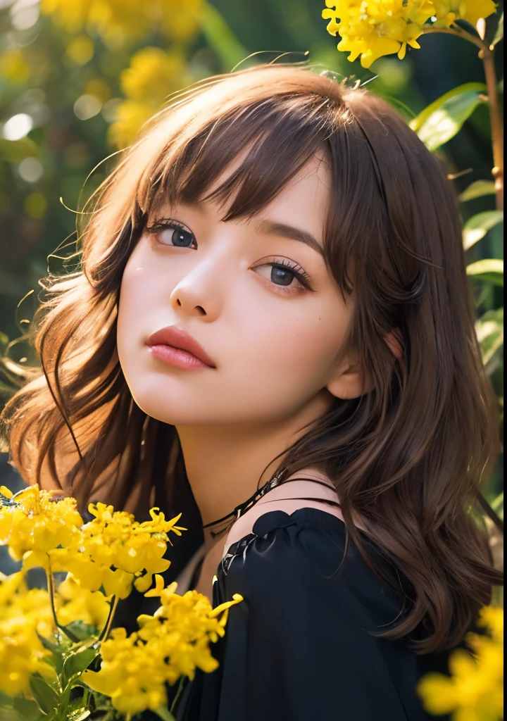 Psychedelic world、Gothicta、Cute 1、18-year-old girl、Big eyes、Small breasts、Light Goldenrod Yellowの髪、Colorful flowers background、Fractal Background、Perfect lighting、Sharp focus、High resolution、High resolution、High color reproducibility、High resolution、Advanced Processing、Ultra-realistic、Realistic 