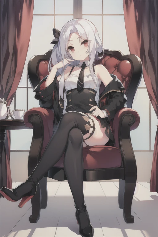 Vittorio_Veneto \(warship girls r\),((masterpiece)),(((best quality))),((ultra-detailed)),((illustration)),((disheveled hair)),((frills)),(1 girl),(solo),1girl, animal, armchair, ass, bangs, bare shoulders, black bow, black dress, black footwear, black legwear, black necktie, boots, bow, breasts, cat, chair, closed mouth, collarbone, crossed legs, cup, curtains, dress, eyebrows visible through hair, full body, hair bow, hair ornament, hair ribbon, head tilt, high heels, holding, holding cup, indoors, jacket, jacket on shoulders, long hair, long sleeves, looking at viewer, low ponytail, mole, necktie, off shoulder, office chair, on chair, plant, potted plant, red eyes, ribbon, sidelocks, silver hair, sitting, skindentation, solo, table, teacup, thigh strap, thighhighs, thighs, vase, very long hair, window, younger