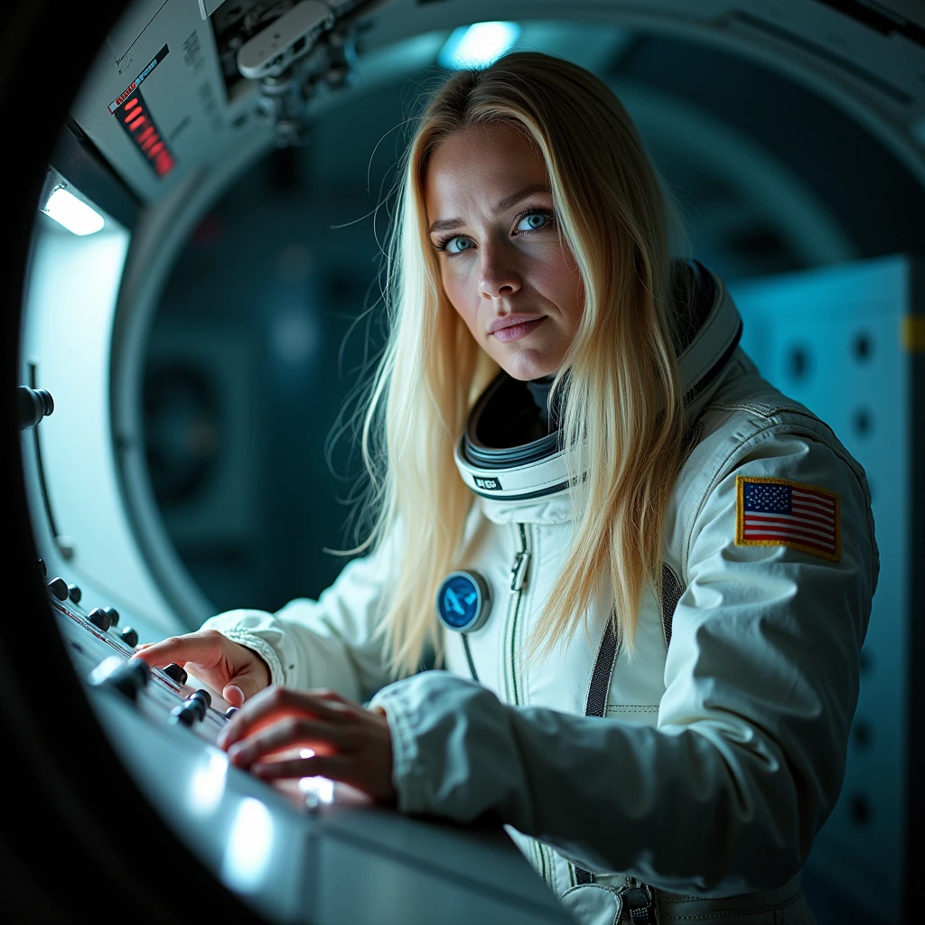 Epic scene a spacecraft, showcasing a white woman, 40 years old, long straight blond hair, blue eyes, slim, is behind the board making adjustments, wearing a space suit, full body, historical photography, ultra - realistic, natural light, Canon 5D, DSLR, 50mm, style raw, complex background, fine face and nose, fine mouth, smooth hair, skin pore visible, (Very detailed RAW photo), (photorealistic, dramatic and cinematographic lighting, Main light, Fill light), sharp focus, cinematographic, imperfect skin, Tissues, Textures, detailed face, detailed skin, detailed fingers, NaturalHand2-3500, analog film photo Deep photo, depth of field, Ferrania P30 Film, shadow, perfect face and body, low light, flash camera, washed-out film, desaturated, 35mm photo, grainy