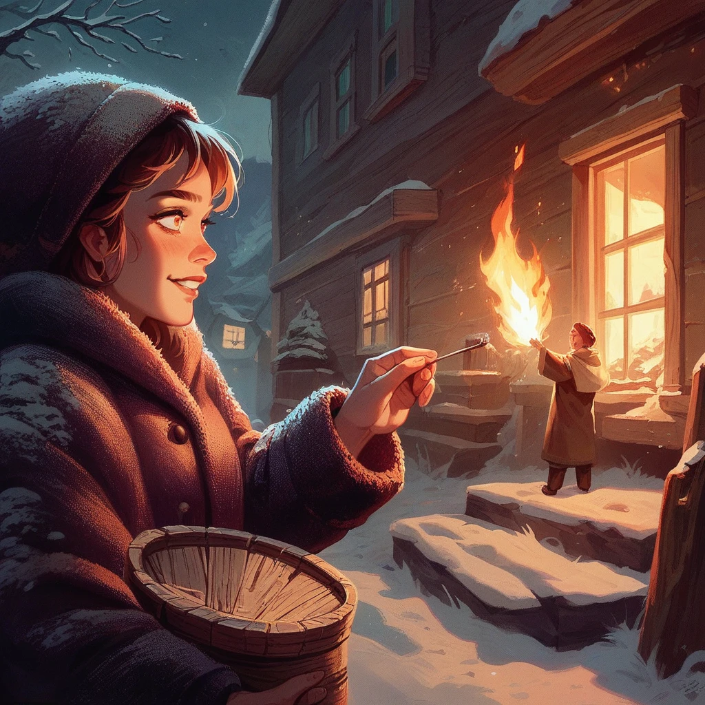 A masterpiece, delicate animation illustration, funny and crazy. Cinematic proof, 19th century, winter European night, burning house, Little Match Girl watching it. She lights a match and smiles with satisfaction. She is putting on her coat.