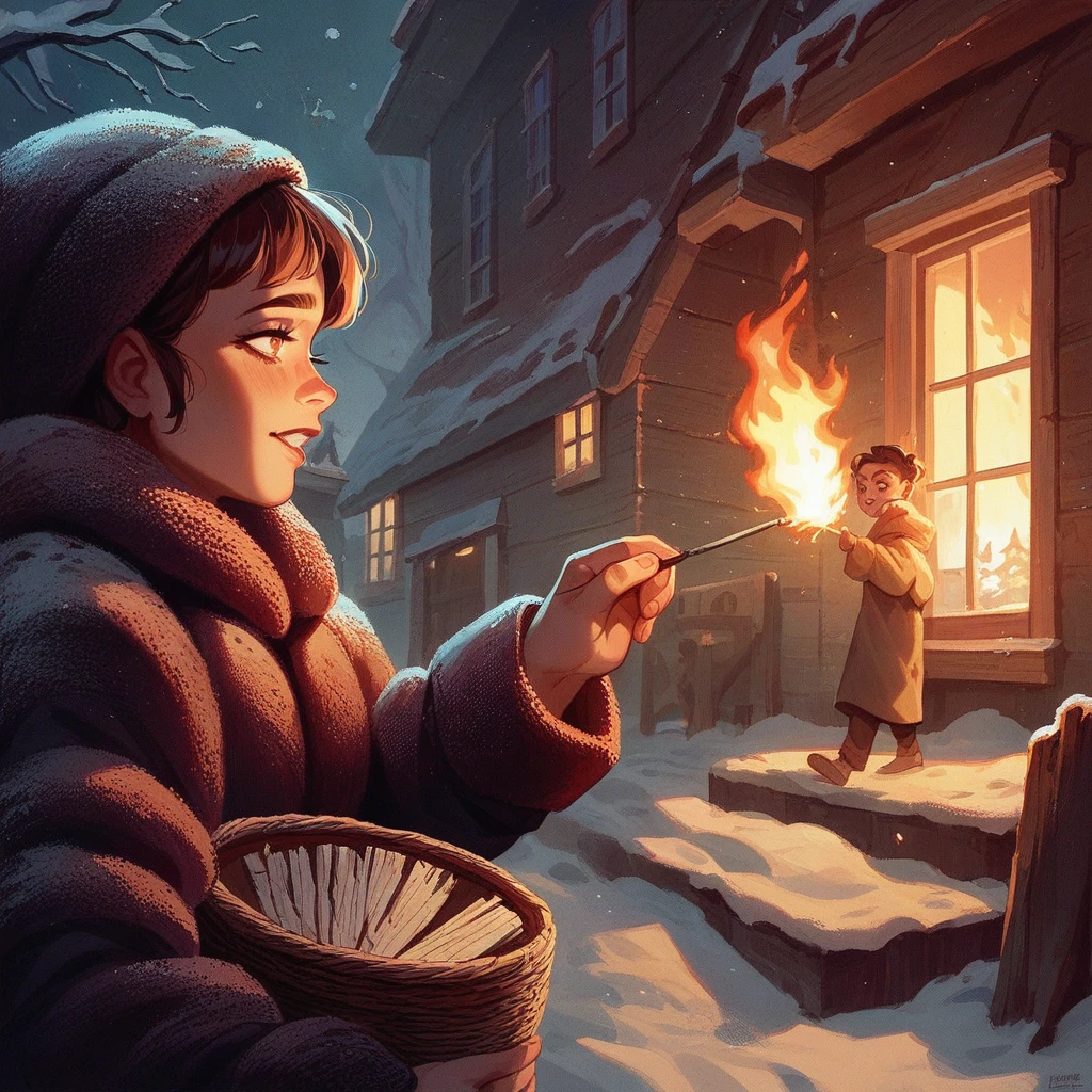 A masterpiece, delicate animation illustration, funny and crazy. Cinematic proof, 19th century, winter European night, burning house, Little Match Girl watching it. She lights a match and smiles with satisfaction. She is putting on her coat.