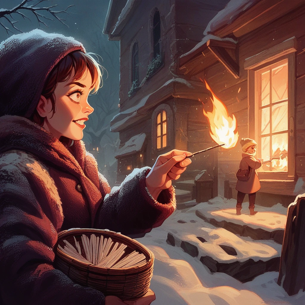 A masterpiece, delicate animation illustration, funny and crazy. Cinematic proof, 19th century, winter European night, burning house, Little Match Girl watching it. She lights a match and smiles with satisfaction. She is putting on her coat.