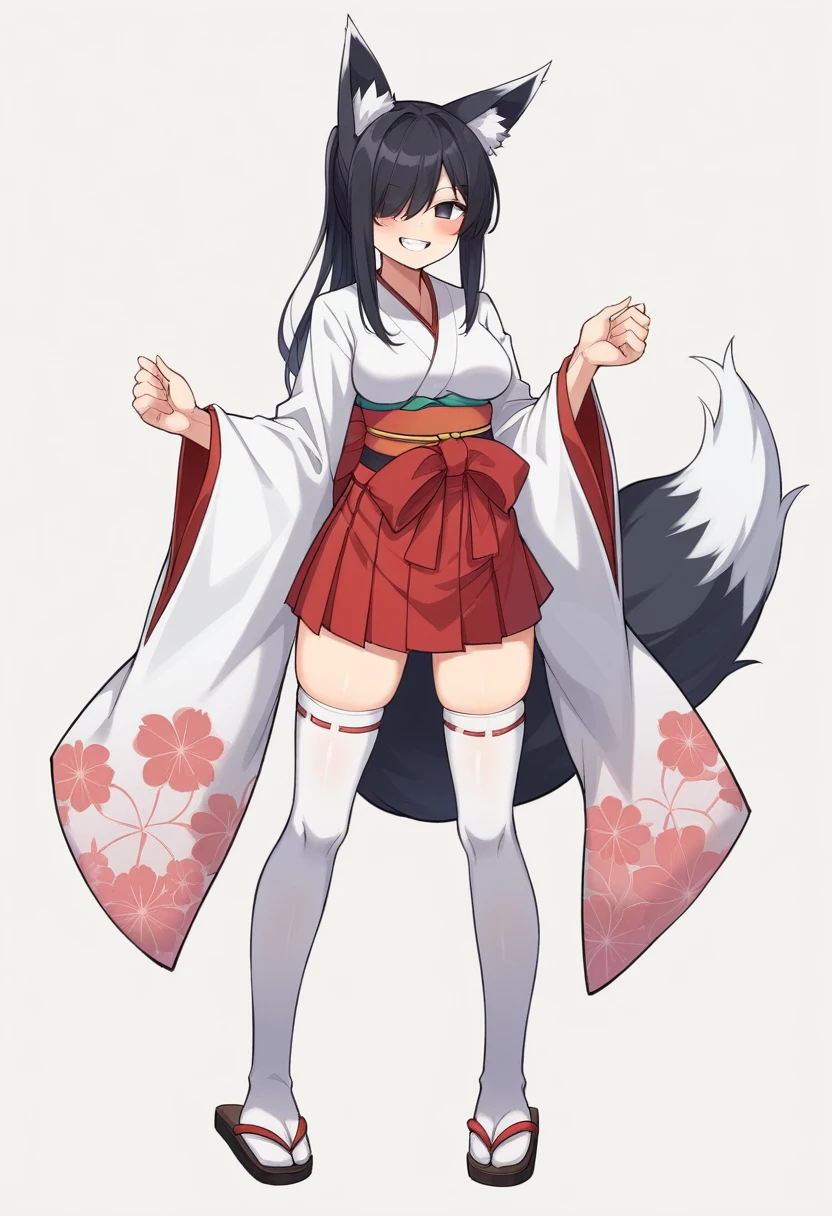 1girl 1 girl、solo、Long Hair、chest、Staring at the audience、blush、smile、skirt、Simple Background、Black Hair、Knee socks、Long sleeve、White background、Animal Ears、Are standing、tail、whole body、ponytail、kimono、teeth、Wide sleeves、kimono、Hair above one eye、Grin、black eye、白いKnee socks、Animal Earsの毛、Fox Ears、皮膚のteeth、Fox'stail、赤いskirt、Sandals、Fox's、Hakama、Hakamaskirt, 独奏, long hair, breasts, looking at viewer, blush, smile, skirt, simple background, black hair, thighhighs, long sleeves, white background, animal ears, standing, tail, full body, ponytail, japanese clothes, teeth, wide sleeves, kimono, hair over one eye, grin, black eyes, white thighhighs, animal ear fluff, fox ears, skindentation, fox tail, red skirt, sandals, fox girl, hakama, hakama skirt