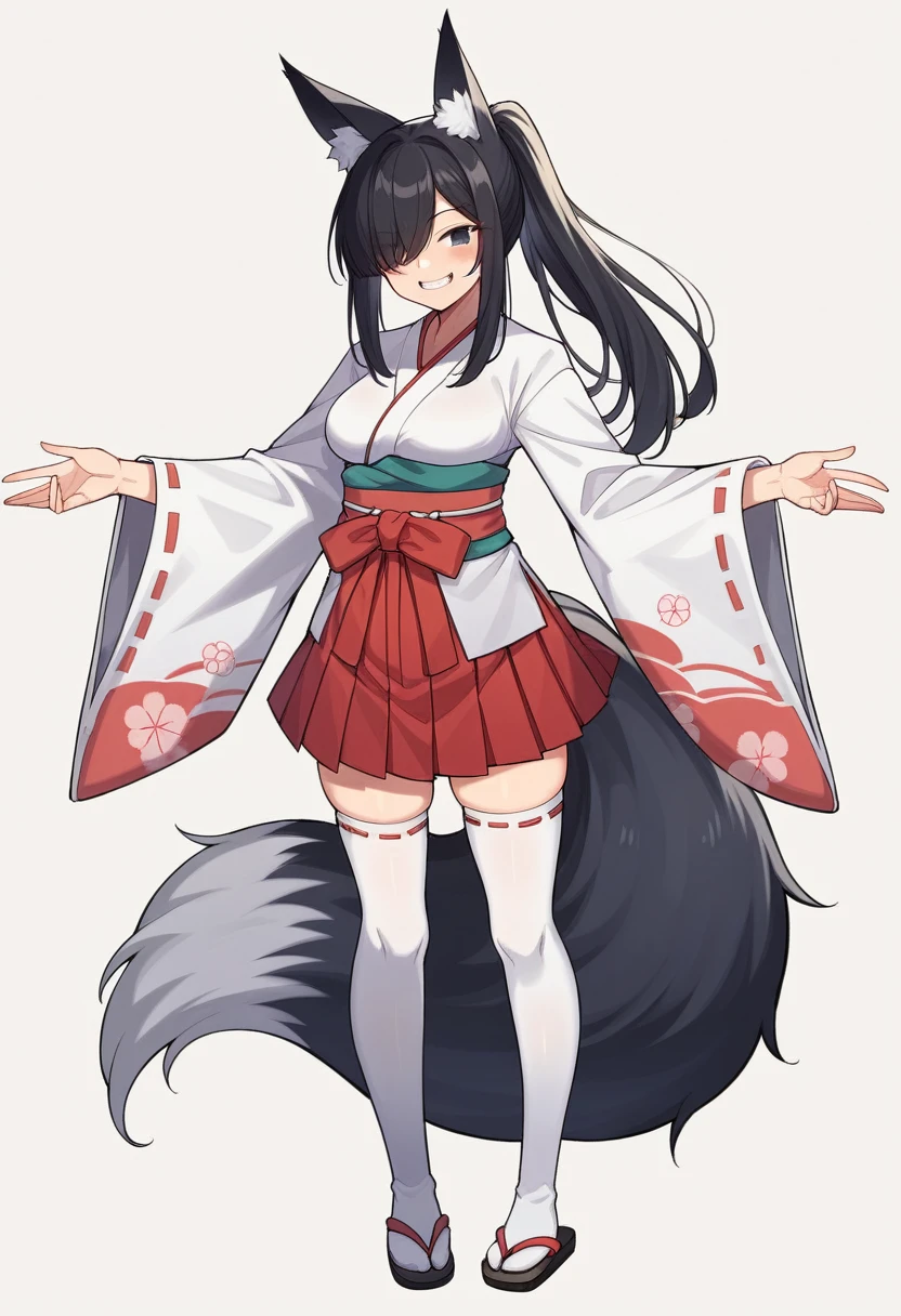 1girl 1 girl、solo、Long Hair、chest、Staring at the audience、blush、smile、skirt、Simple Background、Black Hair、Knee socks、Long sleeve、White background、Animal Ears、Are standing、tail、whole body、ponytail、kimono、teeth、Wide sleeves、kimono、Hair above one eye、Grin、black eye、白いKnee socks、Animal Earsの毛、Fox Ears、皮膚のteeth、Fox'stail、赤いskirt、Sandals、Fox's、Hakama、Hakamaskirt, 独奏, long hair, breasts, looking at viewer, blush, smile, skirt, simple background, black hair, thighhighs, long sleeves, white background, animal ears, standing, tail, full body, ponytail, japanese clothes, teeth, wide sleeves, kimono, hair over one eye, grin, black eyes, white thighhighs, animal ear fluff, fox ears, skindentation, fox tail, red skirt, sandals, fox girl, hakama, hakama skirt