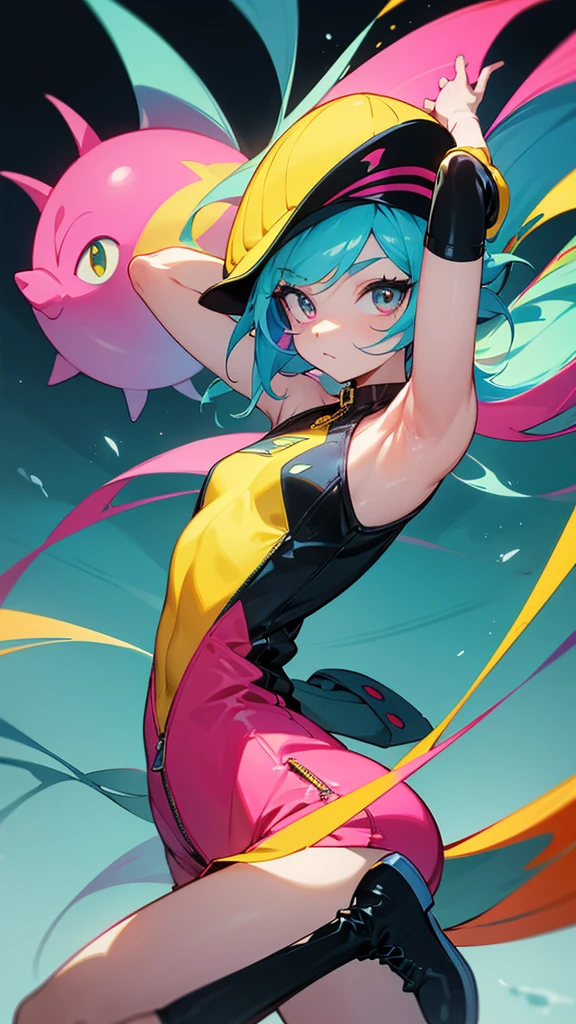 • Head:
• The character has a lively and animated expression with large, round eyes that are bright pink and feature a unique, swirly pattern around them.
• The hair is a vibrant, bubblegum pink, styled into thick, long tentacle-like strands that fall down past the shoulders. The hair is glossy and smooth, adding to the character’s vibrant look.
• The character is wearing a large, striped cap with a yellow and black pattern. The cap has a flat brim with a teal underside and a red edge. A small, round accessory resembling a black fish is attached to the left side of the cap, adding a playful and quirky touch.
• Upper Body:
• The character is dressed in a sleeveless black top with lime green accents. The top has a futuristic and sporty design, with a zipper down the front and a lightning bolt pattern on the chest.
• The character’s arms are slender, and the hands are positioned in a slightly awkward, yet endearing, MANNER, adding to the character’s charm.
• Lower Body:
• The character is wearing light-colored shorts that contrast with the darker top. The shorts are simple and functional, allowing for easy movement.
• On the legs, the character has knee-high socks with a subtle design, mostly obscured by the shorts and boots.
• The character is wearing chunky, high-top boots in vibrant blue with yellow and red accents. The boots have thick soles and a modern, edgy design.
• Accessories:
• The character’s cap is the most prominent accessory, with its bold stripes and colorful design. The small fish accessory attached to the cap adds an extra layer of whimsy to the overall look.
one person's, alone, Simple Background, Anatomically correct